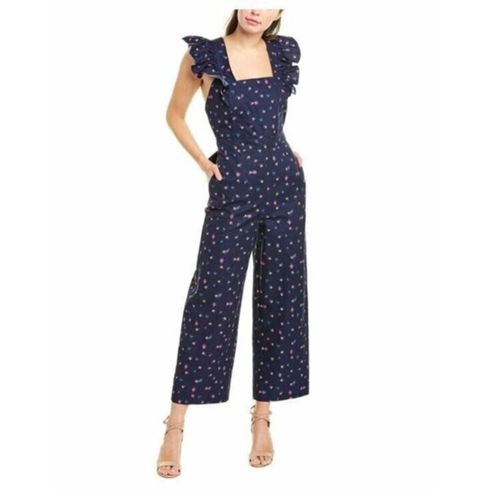 Rebecca Taylor Jumpsuit Farren Floral Navy Ruffle Cotton Linen Sz 6 NEW $550